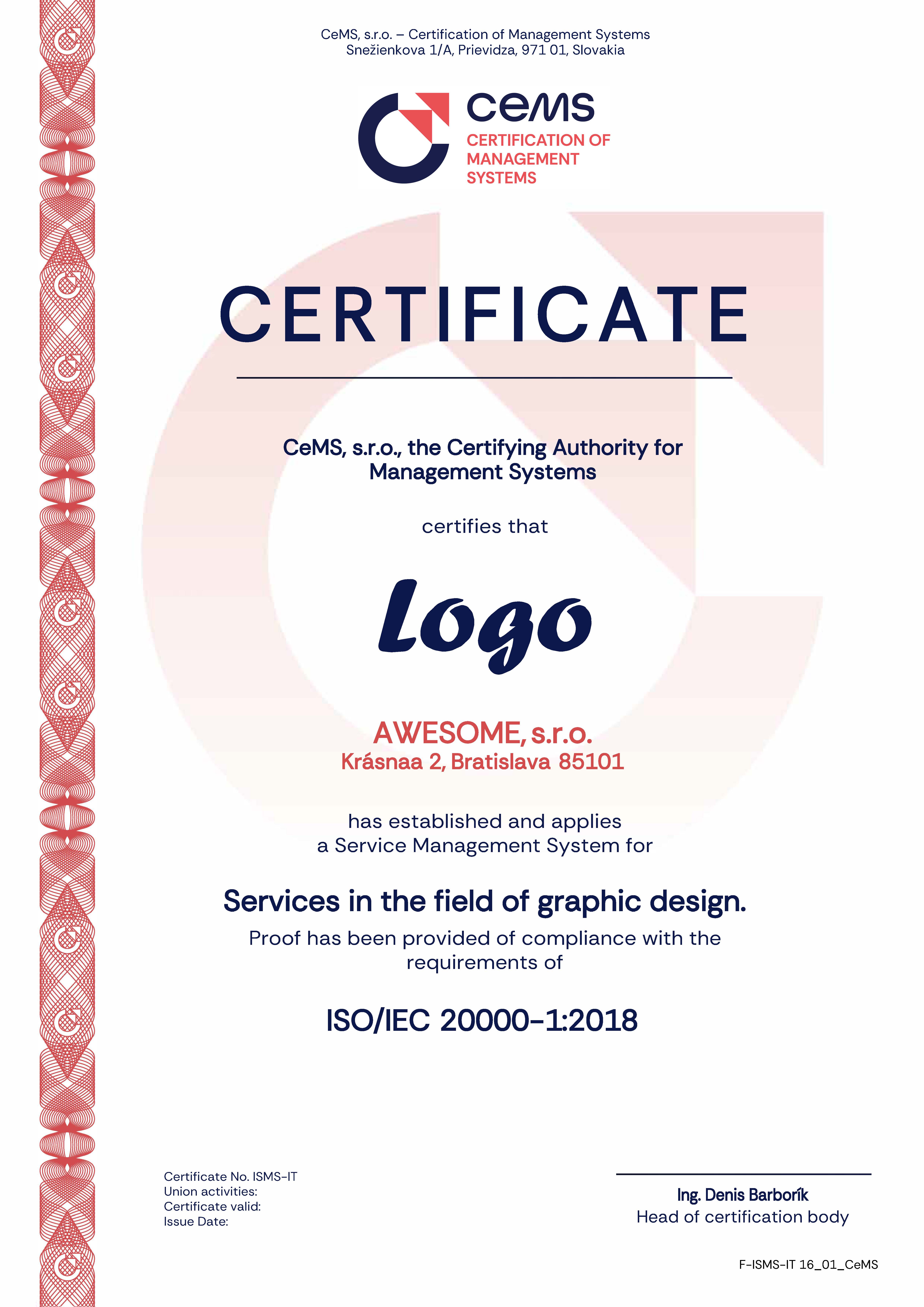 Certificate ISO 20000-1 by CeMS